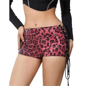 Glamorous Pink Leopard Sequin Lace-Up Waist Shorts Sz s